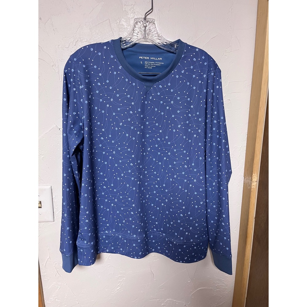 PETER MILLAR Mens Long Sleeve Athletic Pullover Shirt Blue‎ Print UPF 50 Size L